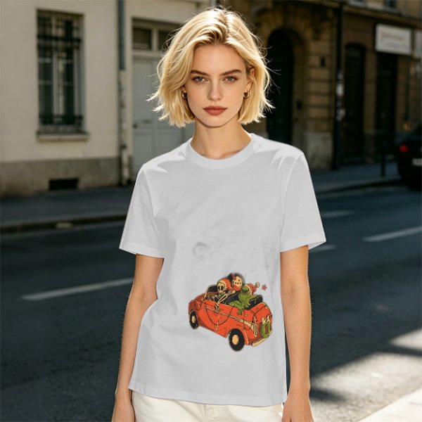 Olive T-Shirt with Skeleton and Friends in Christmas Car Print