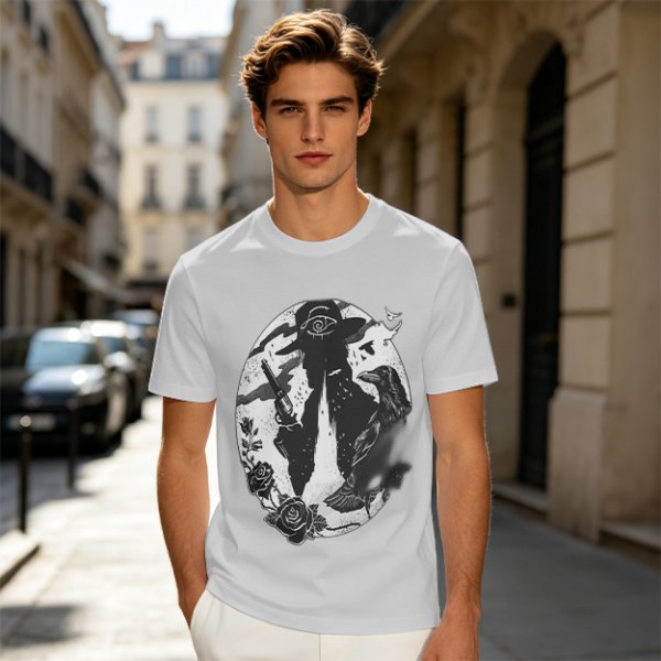 Olive T-Shirt With Western Gunslinger Crow And Roses Graphic