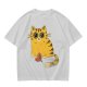 Olive T-Shirt With Cute Surprised Orange Tabby Cat Holding Meat Print