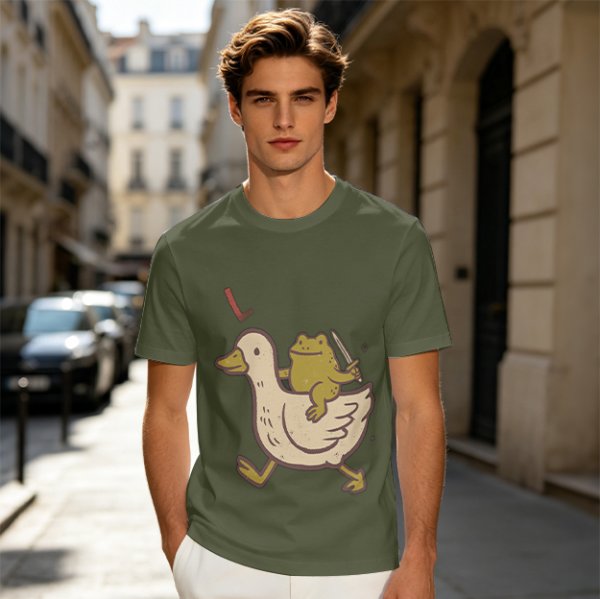 Olive T-Shirt Featuring Frog Riding Duck Holding Knife