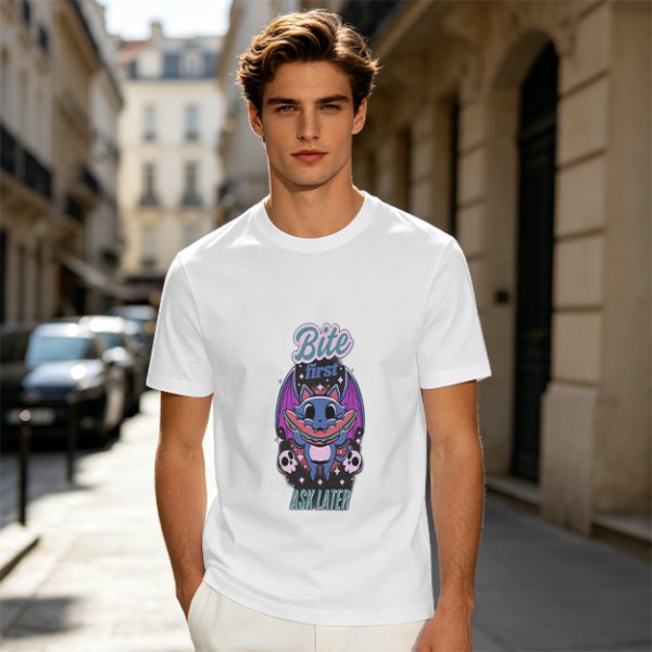 Olive graphic t-shirt with bat cat holding watermelon and 'Bite First Ask Later' text