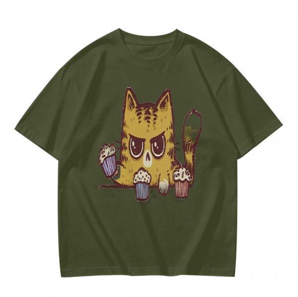 Olive T-Shirt With Angry Cat Holding Cupcakes Graphic Print