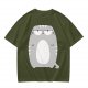 Olive Green T-Shirt With Grumpy Chubby Gray Cat Graphic