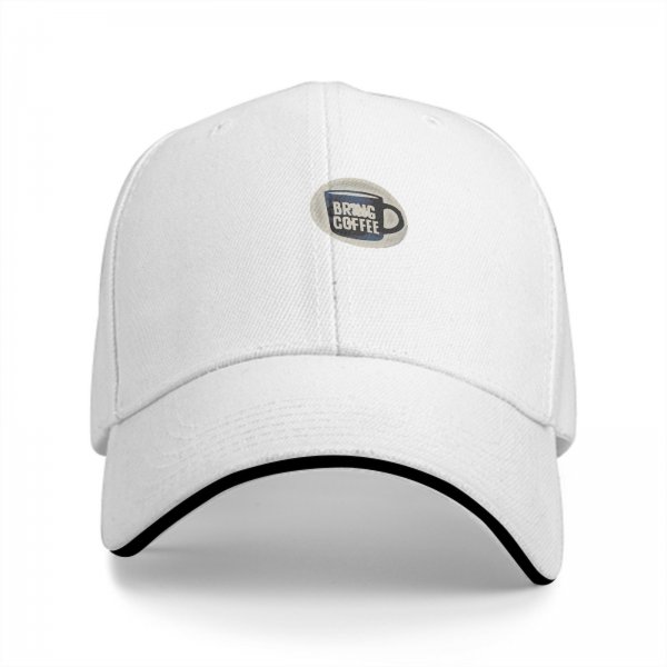 Black baseball cap with Bring Coffee mug graphic design