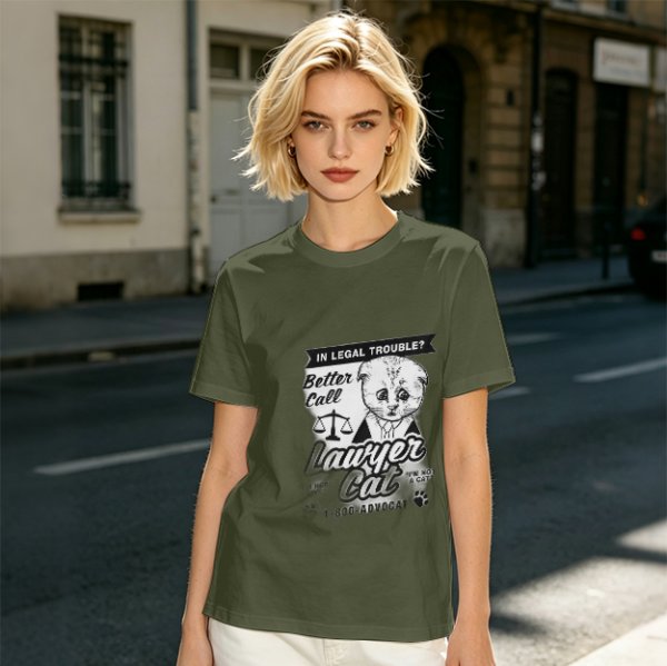 Olive T-Shirt With Funny Lawyer Cat Legal Trouble Graphic Print