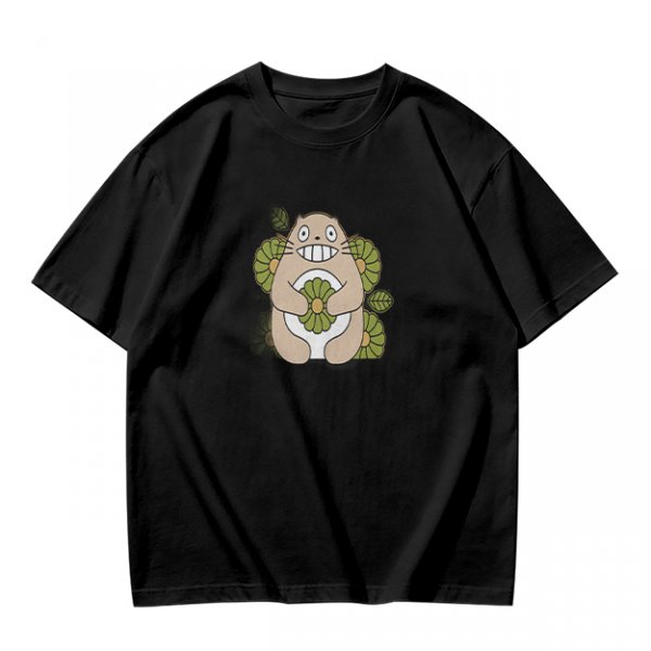 Olive Green T-Shirt With Cute Totoro And Leaf Print