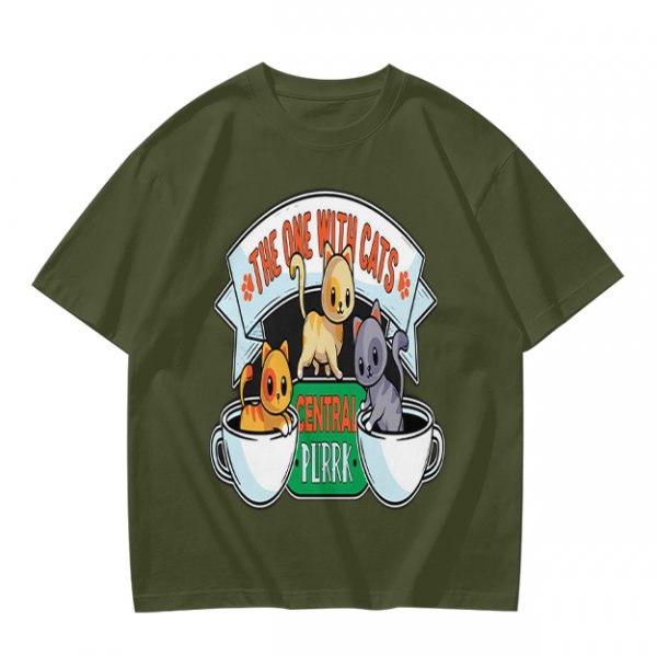 Olive green t-shirt with cat coffee cup graphic and playful text design