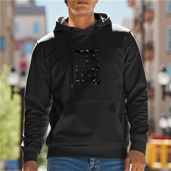 Black Hoodie With Small Colorful Dot And Eye Graphic Print