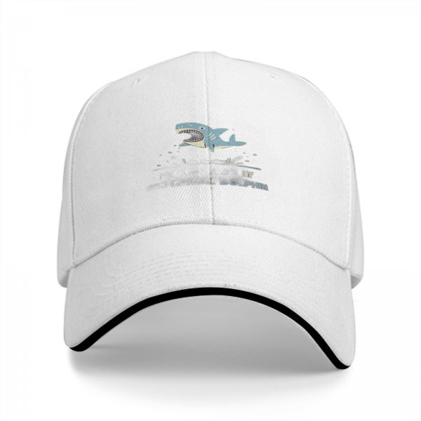 Black Baseball Cap With Shark Graphic And Dolphin Text Print
