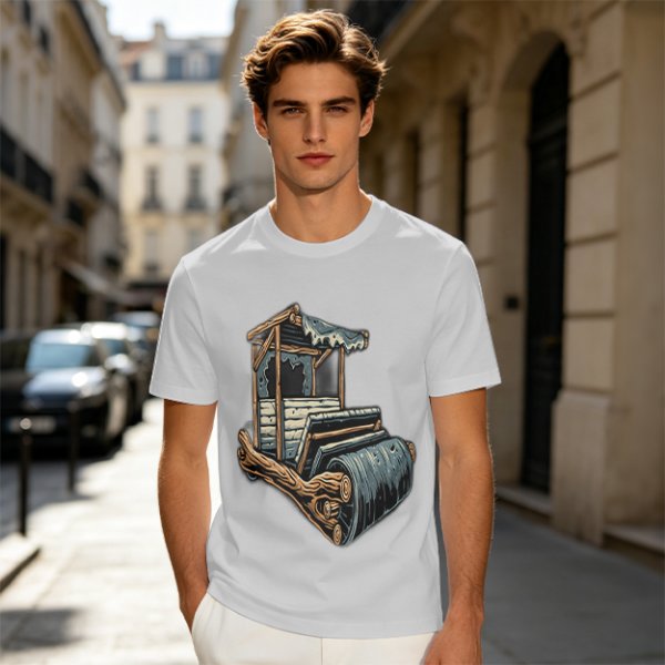 Olive T-Shirt With Rustic Wooden Cart Print