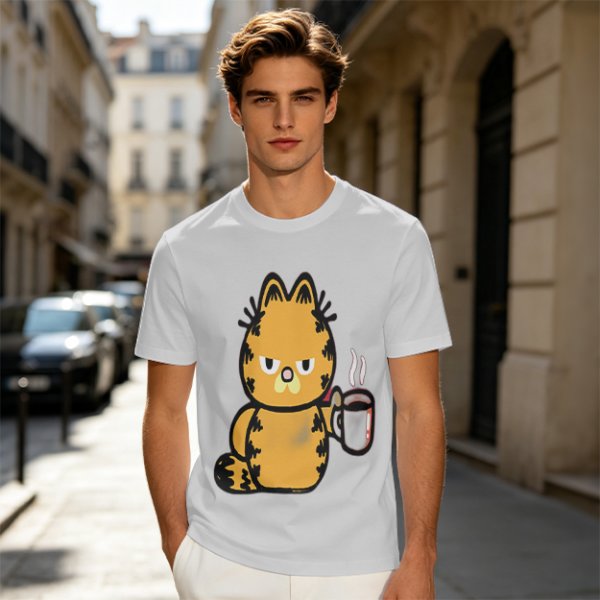 Olive T-Shirt With Grumpy Orange Cat Holding Hot Coffee Print
