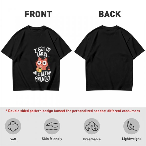 Olive t-shirt with funny cat coffee early morning quote