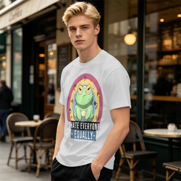 Olive T-Shirt With Grumpy Frog 'I Hate Everyone Equally' Print