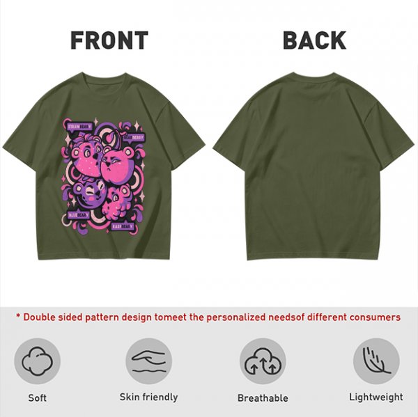 Olive T-shirt with playful bear-fruit graphic print