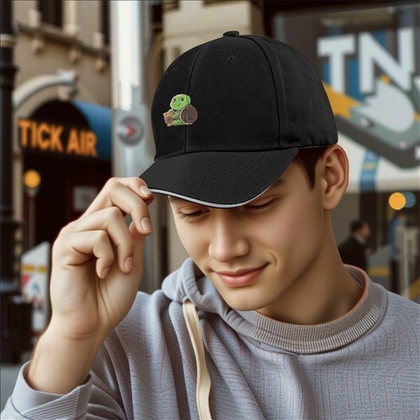 Black Baseball Cap With Cute Turtle Holding Coffee Cup Print