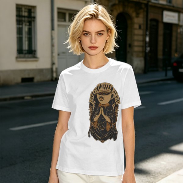 Olive green t-shirt with Pray the Coffee Brew graphic print