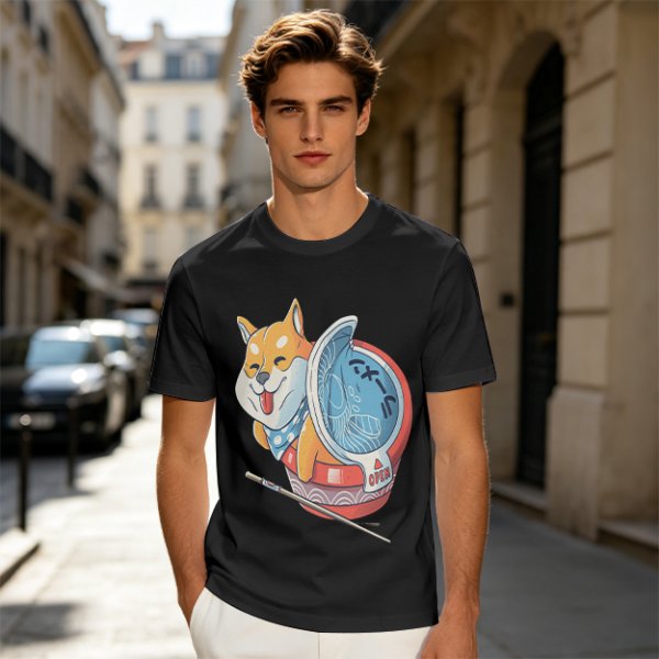 Olive T-shirt with Shiba Inu in Ramen Cup Graphic
