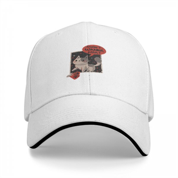 Black baseball cap with 'I don't wanna adult' cat graphic
