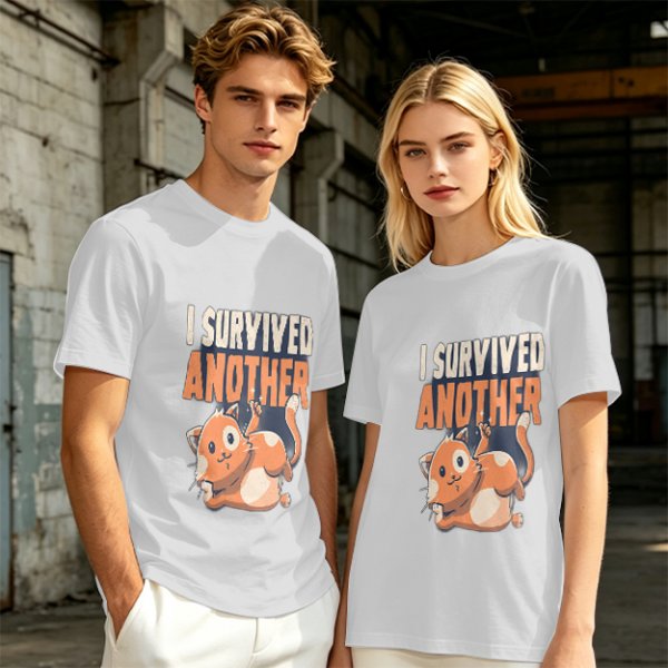 Olive T-Shirt with I Survived Another Playful Orange Cat Graphic