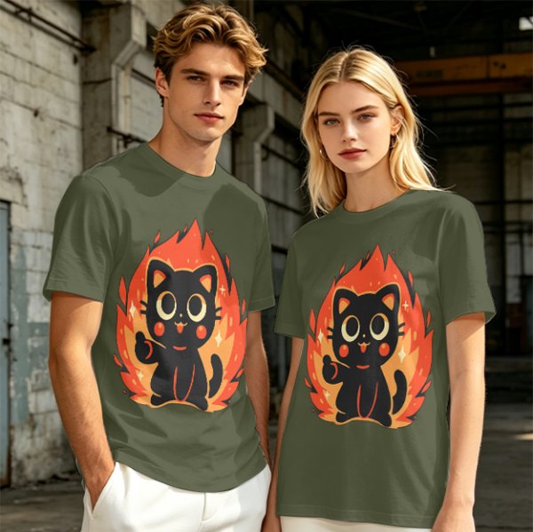 Olive T-Shirt With Cute Black Cat Thumbs Up On Flames Graphic