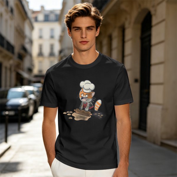 Olive T-shirt with a stressed cartoon cat baking cookies