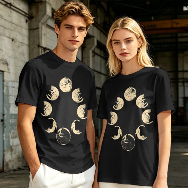 Olive T-Shirt With Cat Phases Moon Cycle Graphic Print