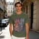 Olive T-shirt with 80s cartoon character crossover graphic