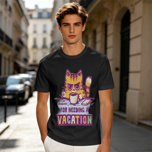 Olive t-shirt with a grumpy cat needing a vacation print