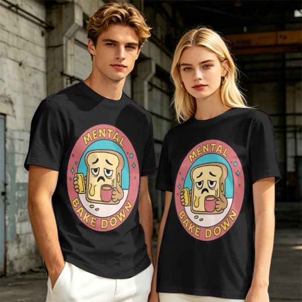 Olive T-Shirt with Sad Toast Holding Coffee and Phone Mental Bake Down Print