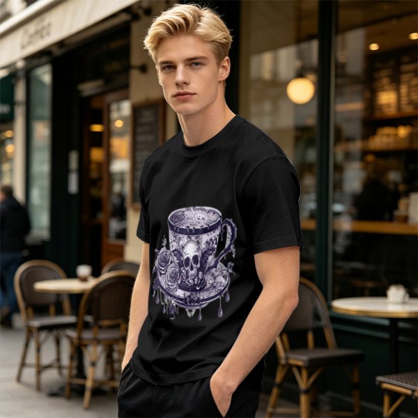 Olive T-shirt with Gothic Skull Teacup and Roses Print