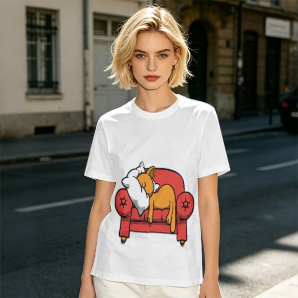 Olive green t-shirt with a sleeping orange cat on a red armchair print