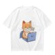 Olive T-Shirt With Cute Orange Cat Working On Laptop Print