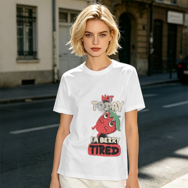 Olive T-Shirt with 'Not Today I'm Berry Tired' Strawberry Print