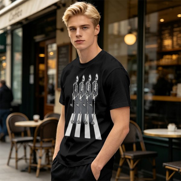 Olive T-Shirt With Skeletons Crossing Abbey Road Style Crosswalk Print
