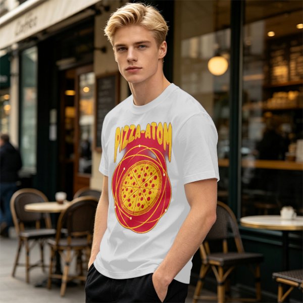 Olive green graphic t-shirt with pizza atom design