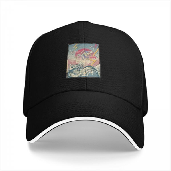 Black Baseball Cap with Japanese Ukiyo-e Dragon and Lightning Art Print