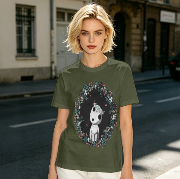Olive T-Shirt with Kodama Forest Spirit Floral Wreath Print