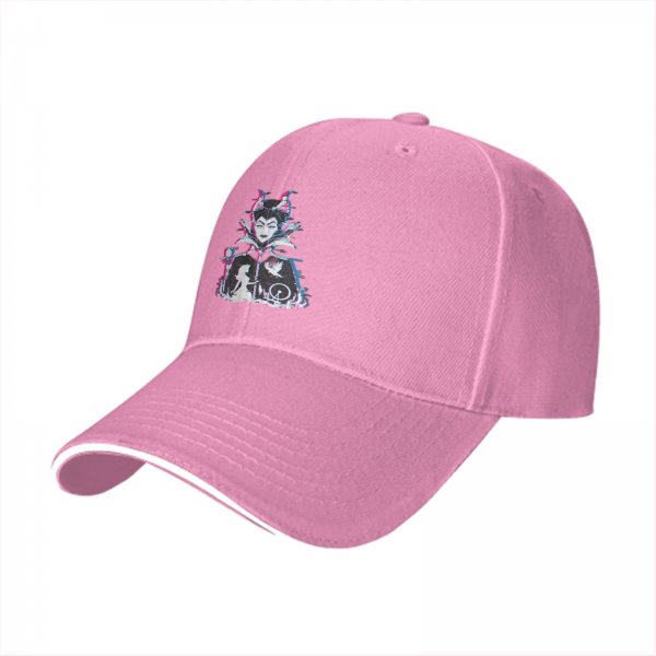 Black baseball cap with glitch-style Maleficent graphic print