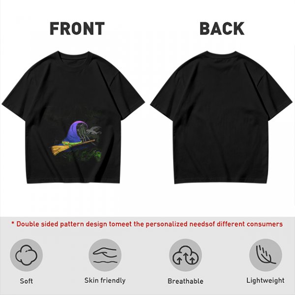 Olive T-Shirt with Witch Hat and Broom Halloween Graphic