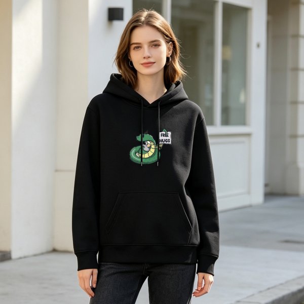 Black hoodie with cartoon snake holding free hugs sign