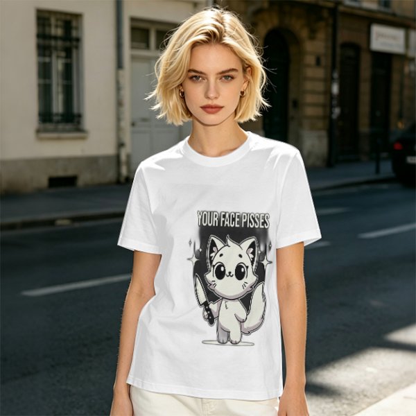 Olive graphic t-shirt with angry cartoon cat holding knife