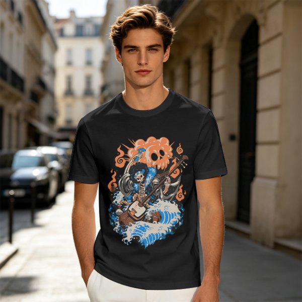 Olive T-shirt with Skeleton Musician Playing Guitar Over Ocean Waves