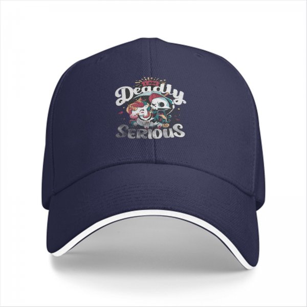 Black baseball cap with 'Deadly Serious' and whimsical skull graphic