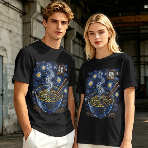 Olive t-shirt with starry night ramen bowl graphic