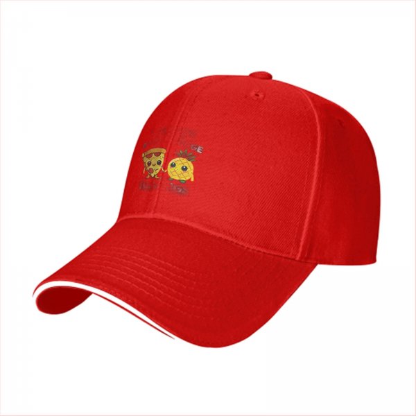 Black baseball cap with cute pizza and pineapple graphic design