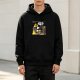 Black hoodie with Steamboat Willie cartoon on burning ship wheel graphic