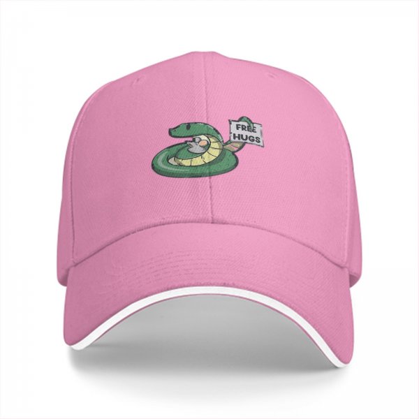 Black baseball cap with a snake holding a FREE HUGS sign and a mouse