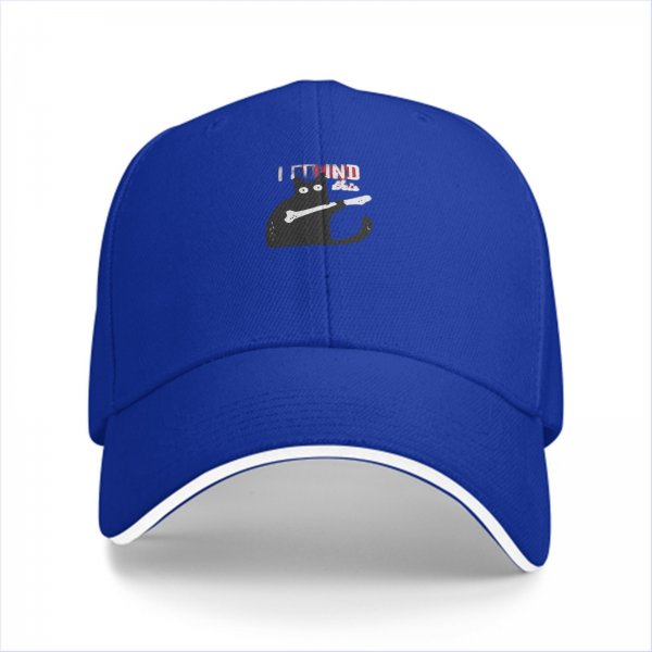 Black baseball cap with a cat holding a bone graphic and text