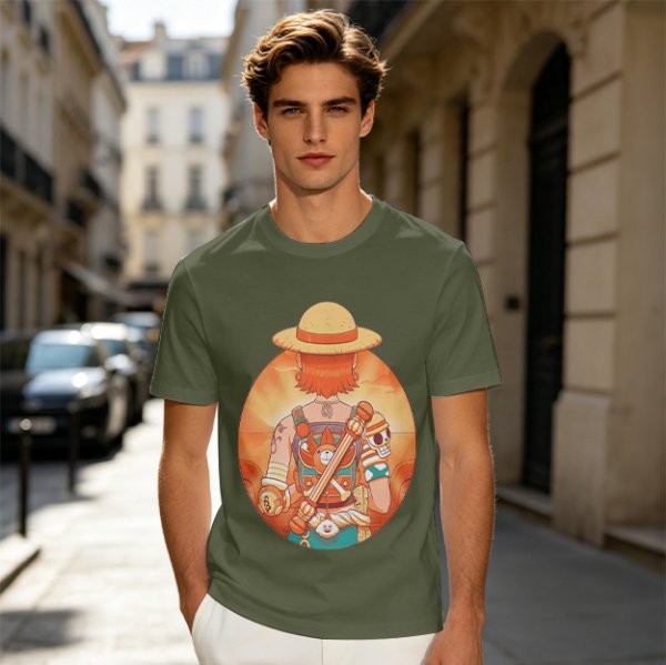 Olive T-Shirt Featuring Anime Character With Straw Hat Back View
