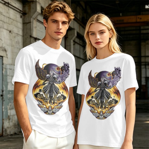 Olive T-shirt with dark fantasy winged warrior graphic print